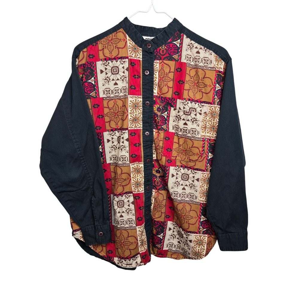 Vintage Gitano Patchwork Print Button Down Long S… - image 1